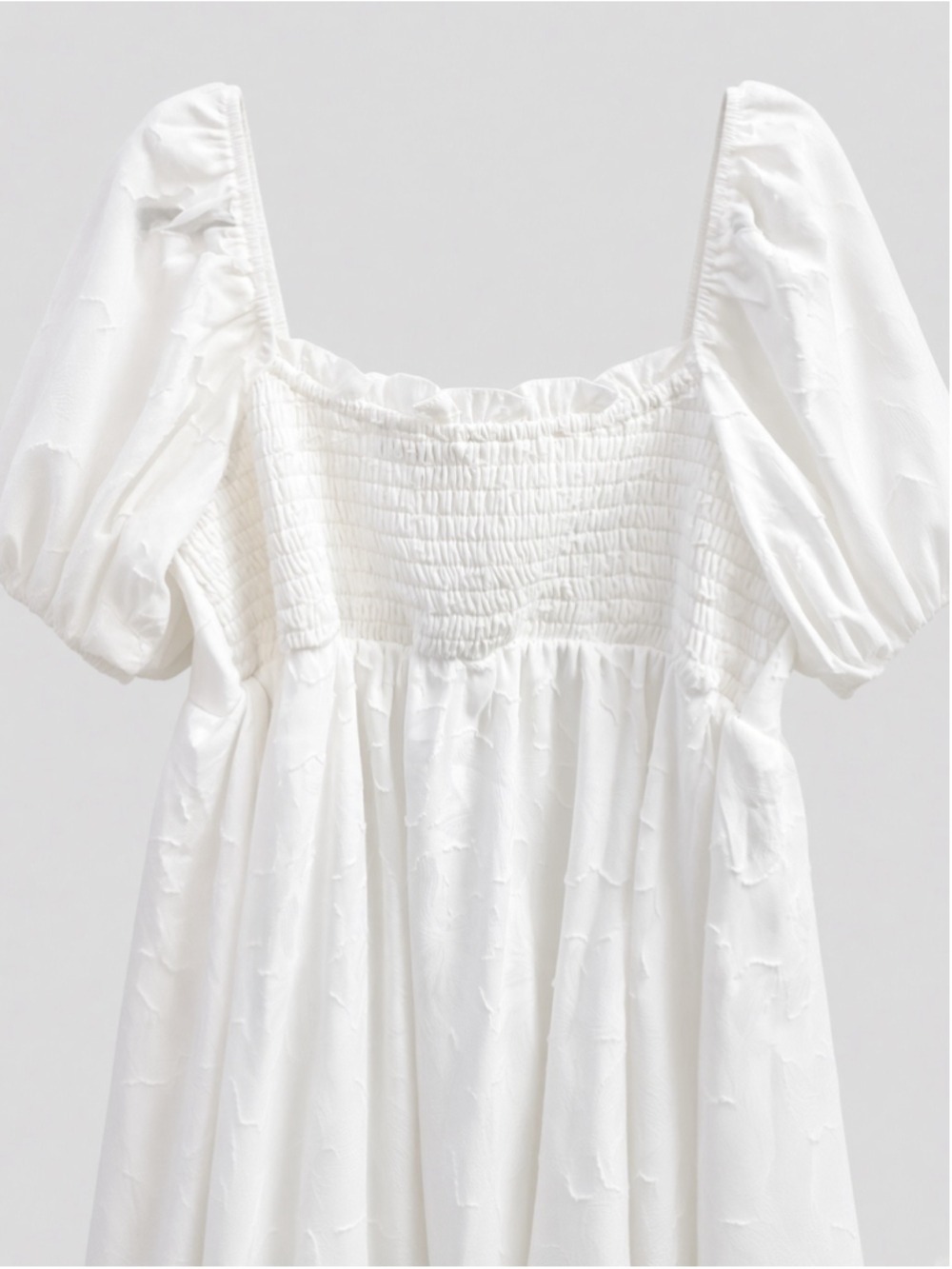 Lulus White Jacquard Puff Sleeve Ruched Babydoll Mini Dress Square Neck M - Picture 11 of 16